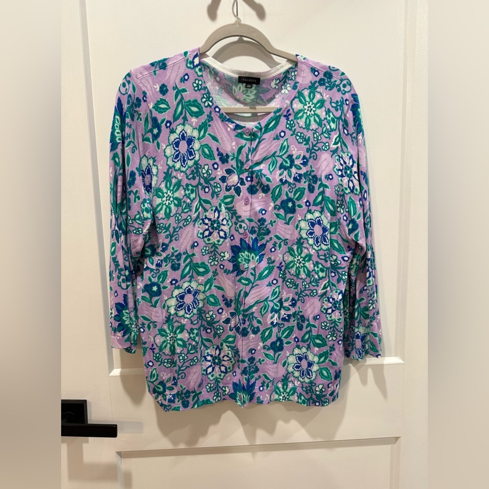 Talbots Floral 3/4 Blouse in lavender purple and teal size XL
